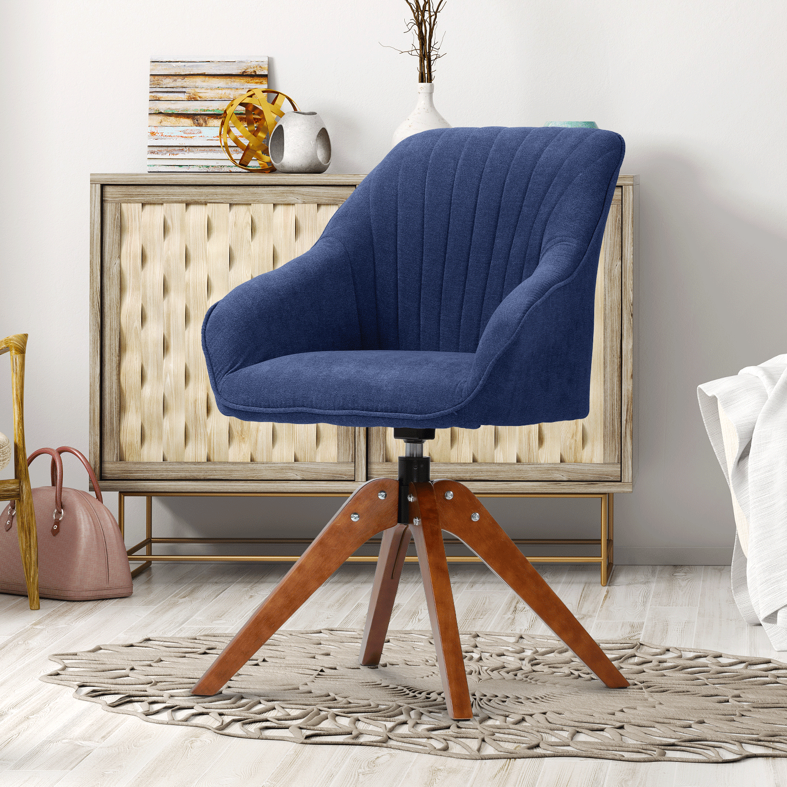 Swivel Accent Chair Modern Home Office Upholstered Armchair Wood Legs Navy Blue