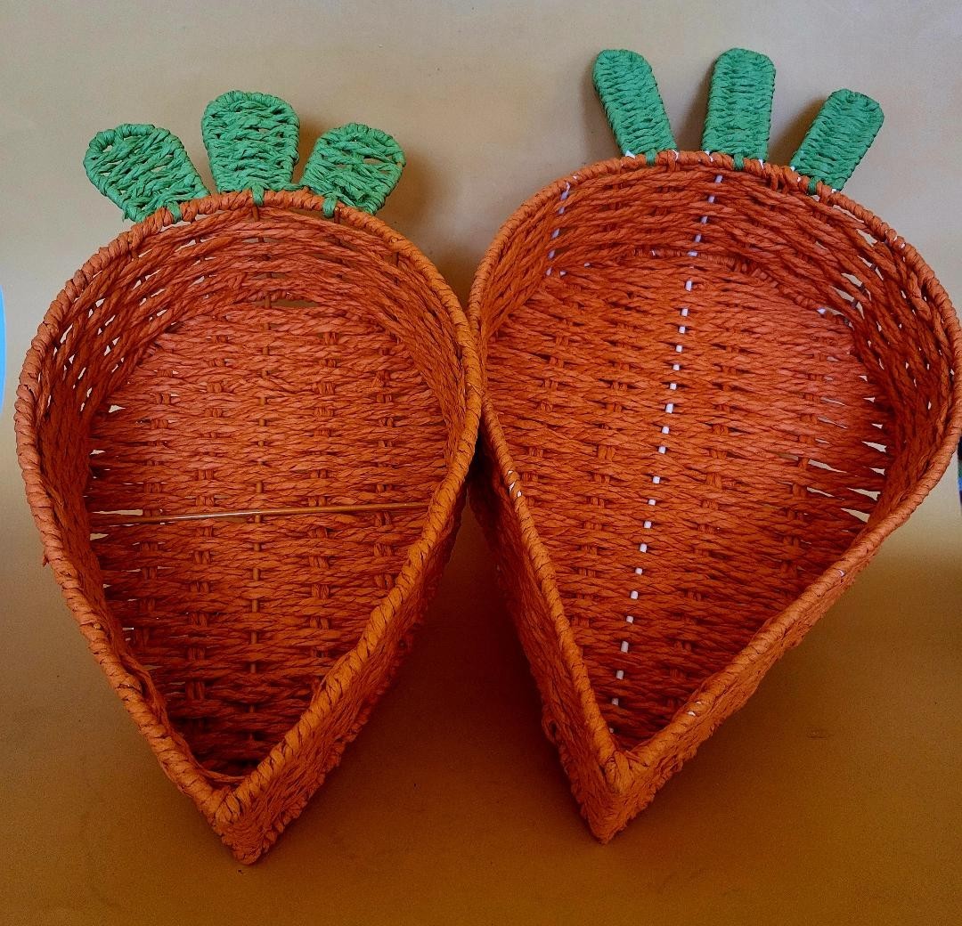 2 Nesting Wicker Baskets Shaped Like Carrots w Green Stems