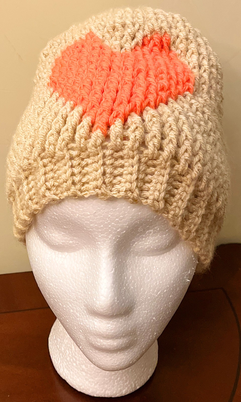 Handmade Crochet Beige VALENTINE's DAY GIFT Beanie For Unisex Teens L-9"