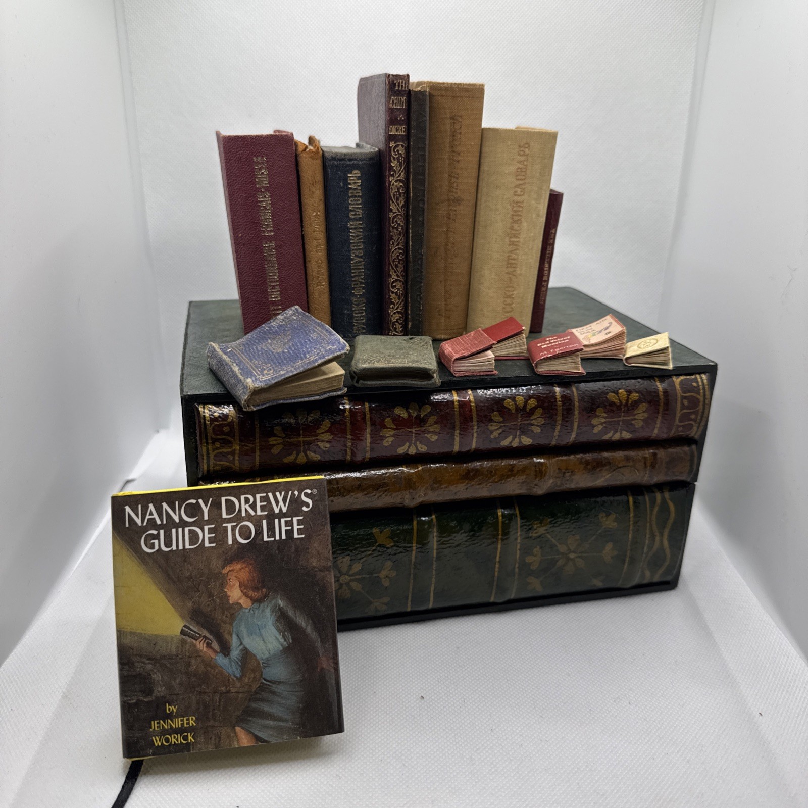 Vintage Faux Book Storage Box Decorative with 16 Miniature Antique/Vintage Books