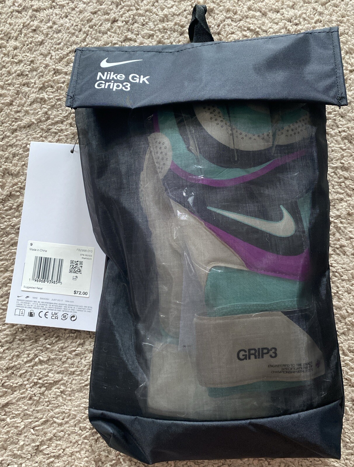 Nike Grip 3 Soccer Goalkeeper Gloves Unisex White Purple Size 9 FB2998-010 New