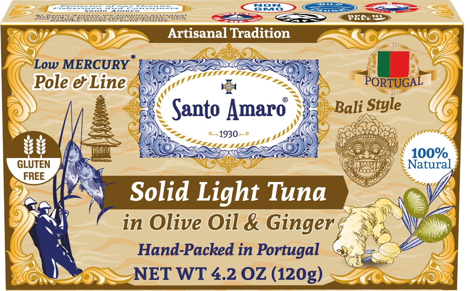 6 Pk: Santo Amaro Pole & Line Wild Tuna Fillets in Virgin Olive Oil - GINGER