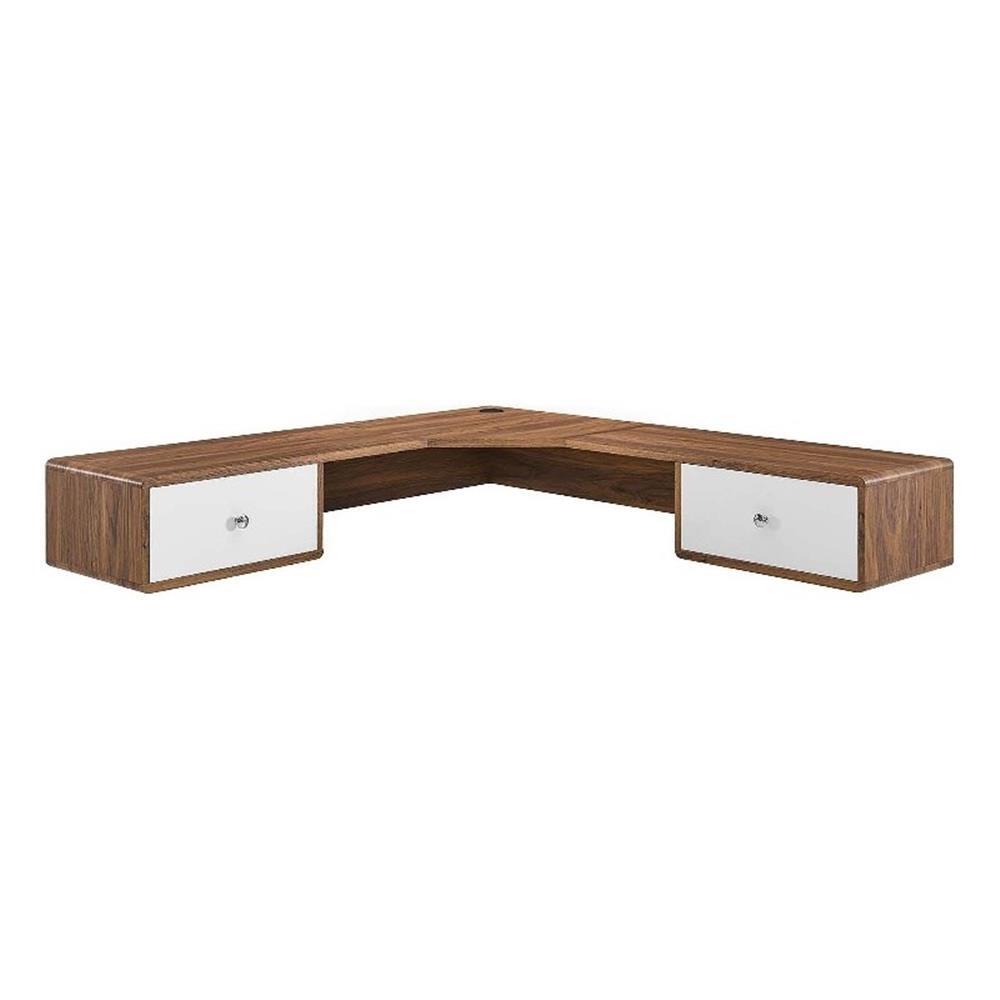 Modway Transmit 55" Wall Mount Corner Wood Office Desk in Walnut/White