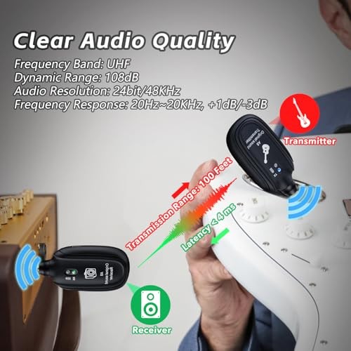 Wireless Guitar System UHF 2 Modes, Rechargeable Li-Battery, 100ft Range, A8
