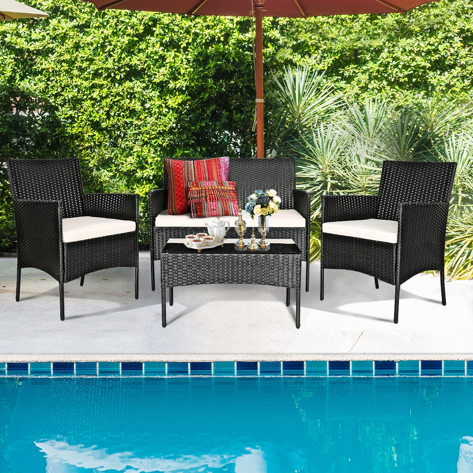 4PCS Rattan Patio Conversation Set Outdoor Furniture Set Garden w/ Cushion
