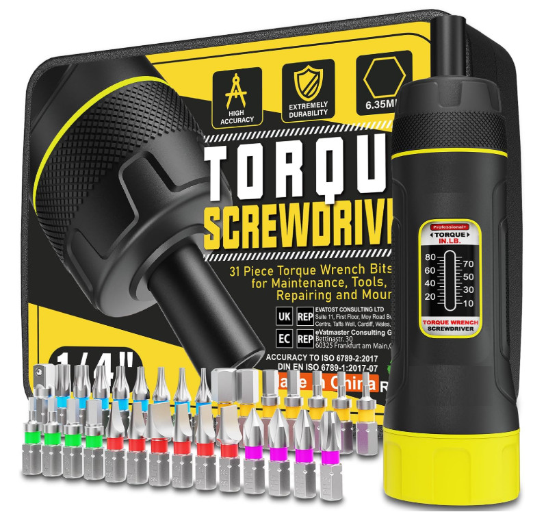 Llave de Torque Ajustable 10-80 in-lb con 31 Piezas para Equipos Mecánicos