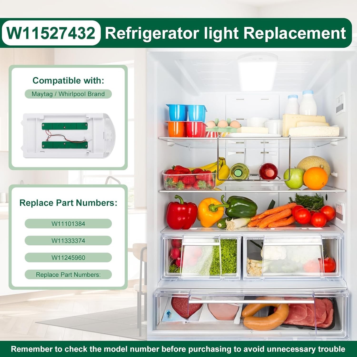 W11527432 Refrigerator LED Light Assy Module for Whirlpool Maytag Refrigerator