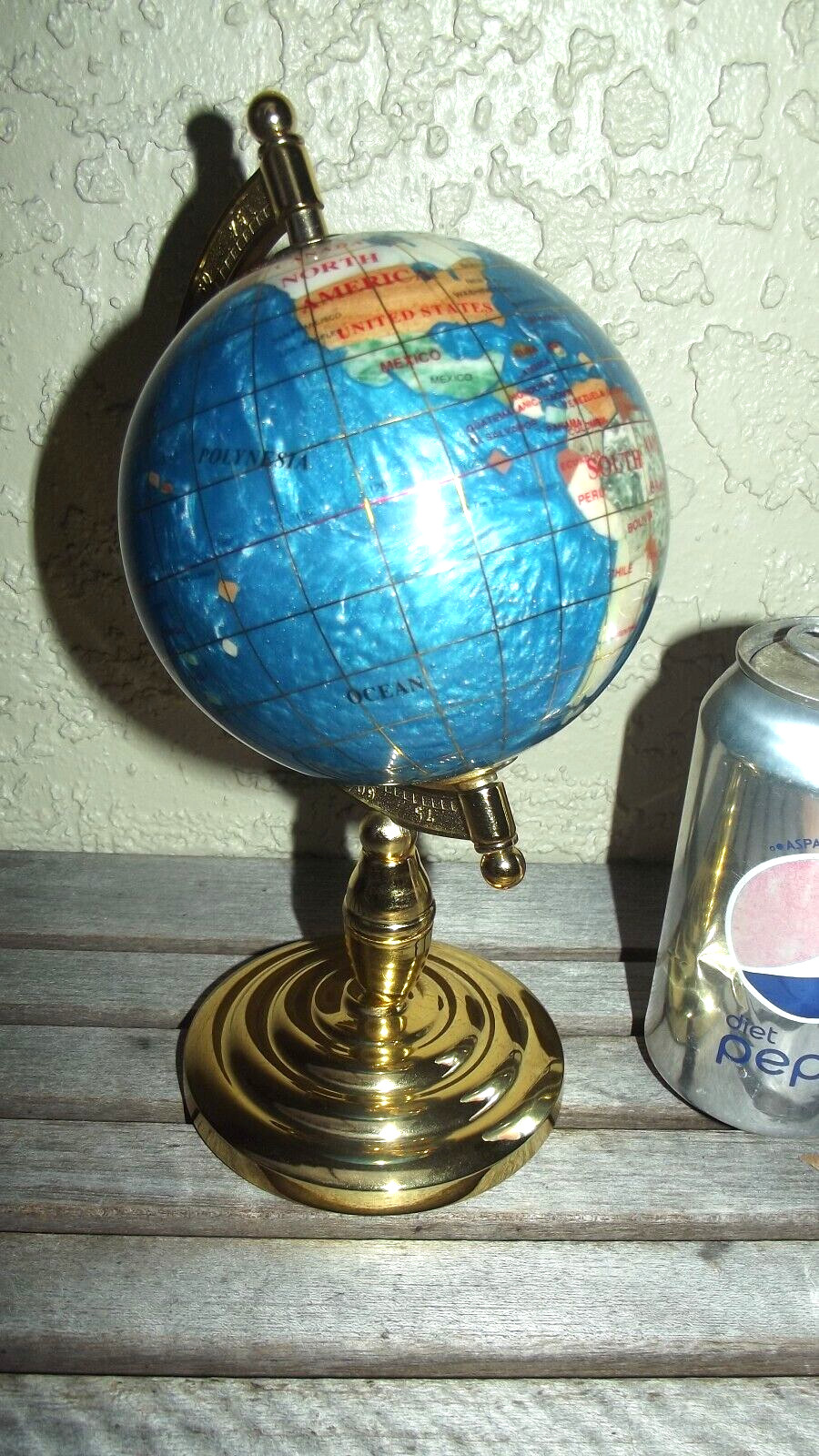 Vtg Desk Top Lapis Gemstone 10 "t World Globe on Brass Stand VGC Free S/H