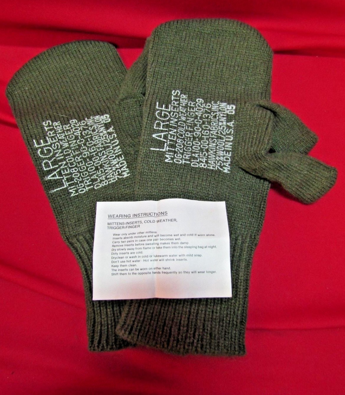 NOS USGI Cold Weather Trigger Finger Mitten Wool Liners Large Hawkins Fabrics