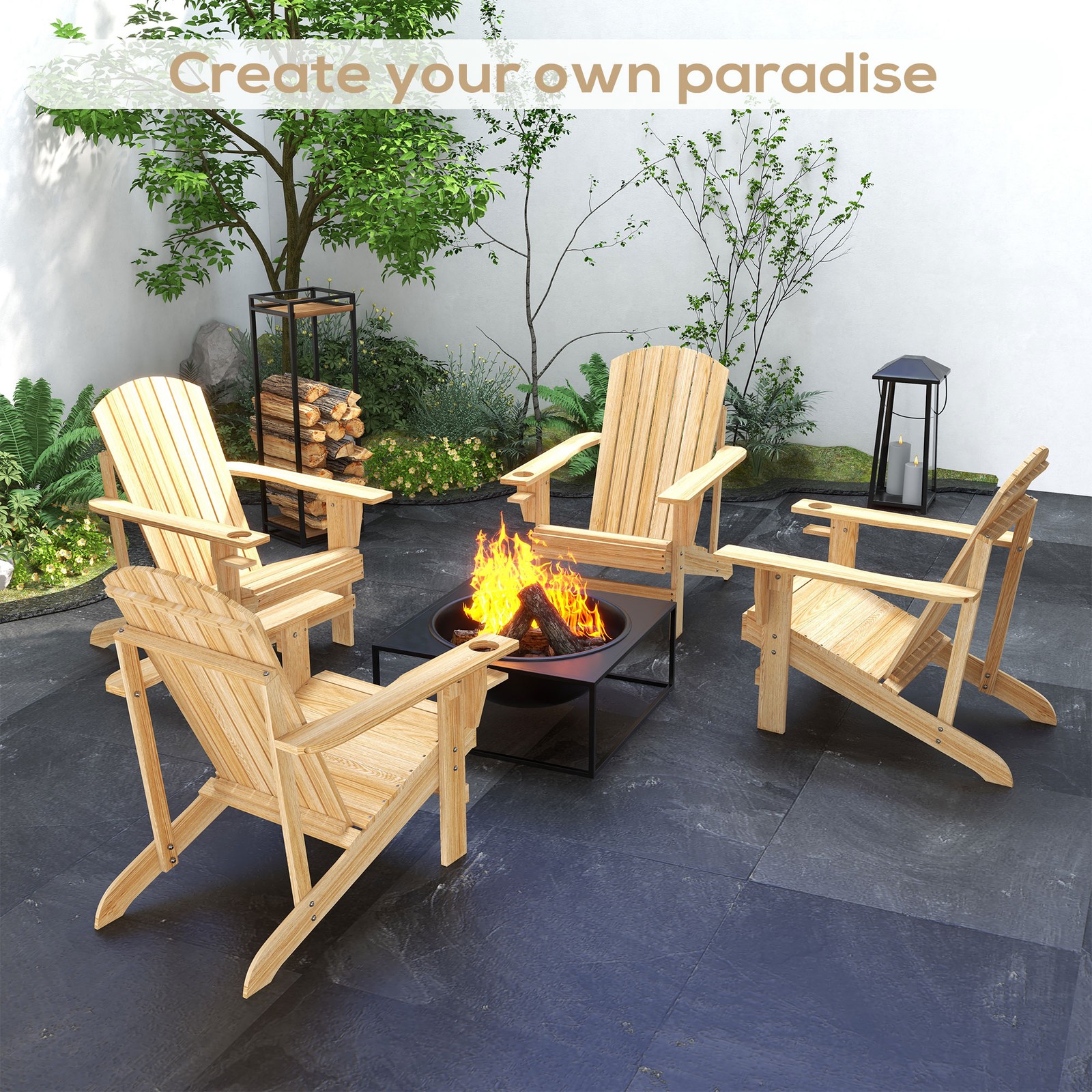 Wood Adirondack Chair, Wooden Outdoor & Patio Seating for Fire Pit, Natural