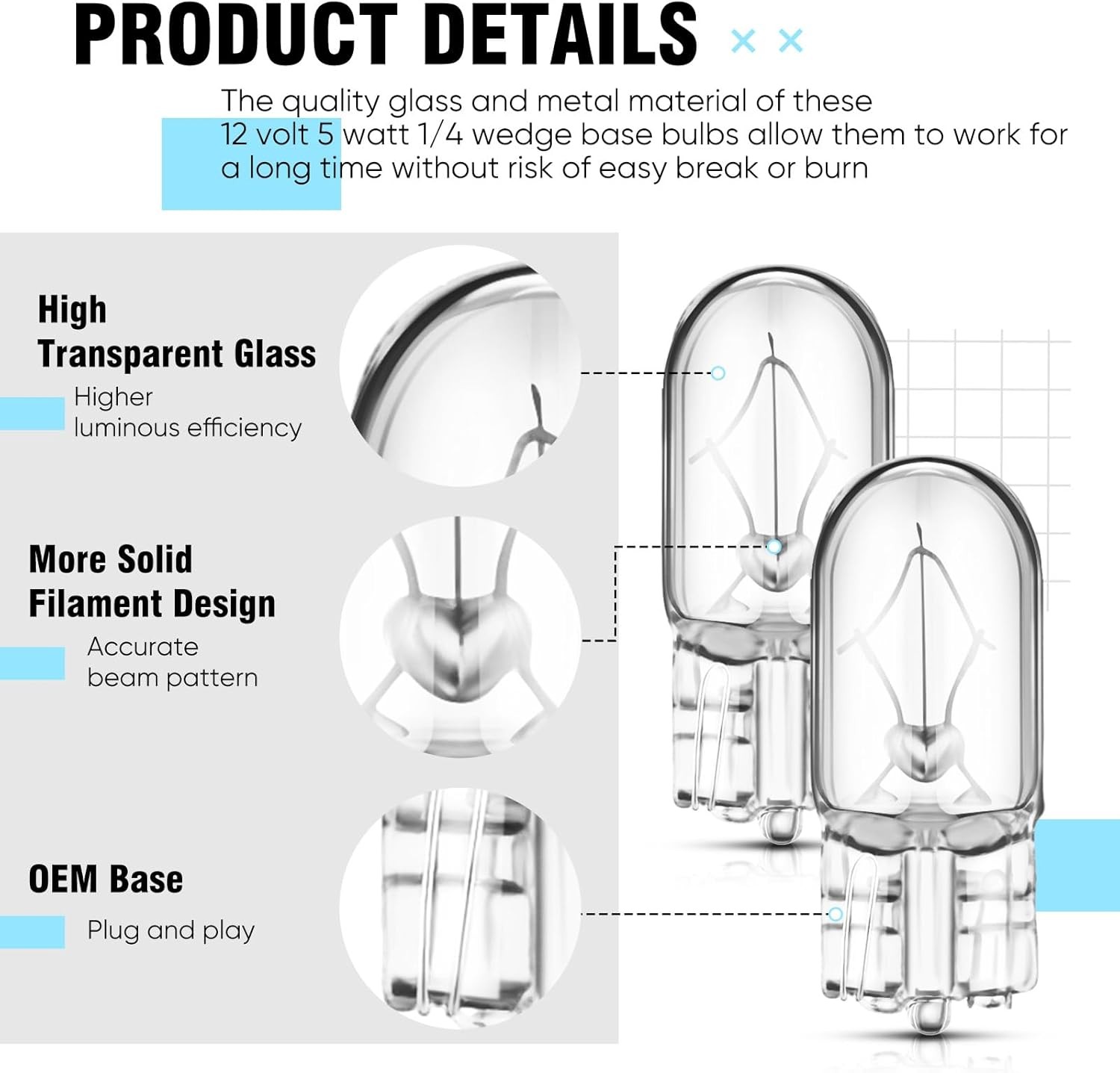 2827NATB Bulb 2825 Bulb 12V 5W W2.1 x 9.5D Base Natural Clear Light Bulbs Clear