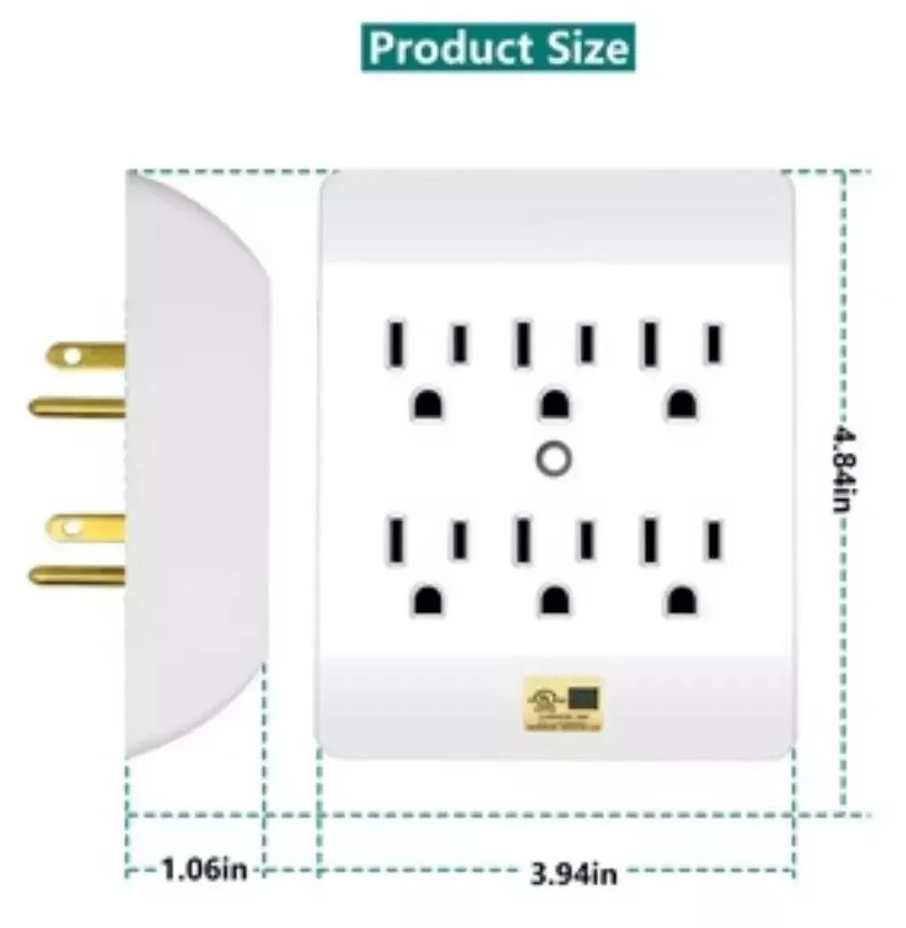 3 Pack 6 Outlet Grounded Electrical 6-Way Wall Plug AC Power Splitter Adapter