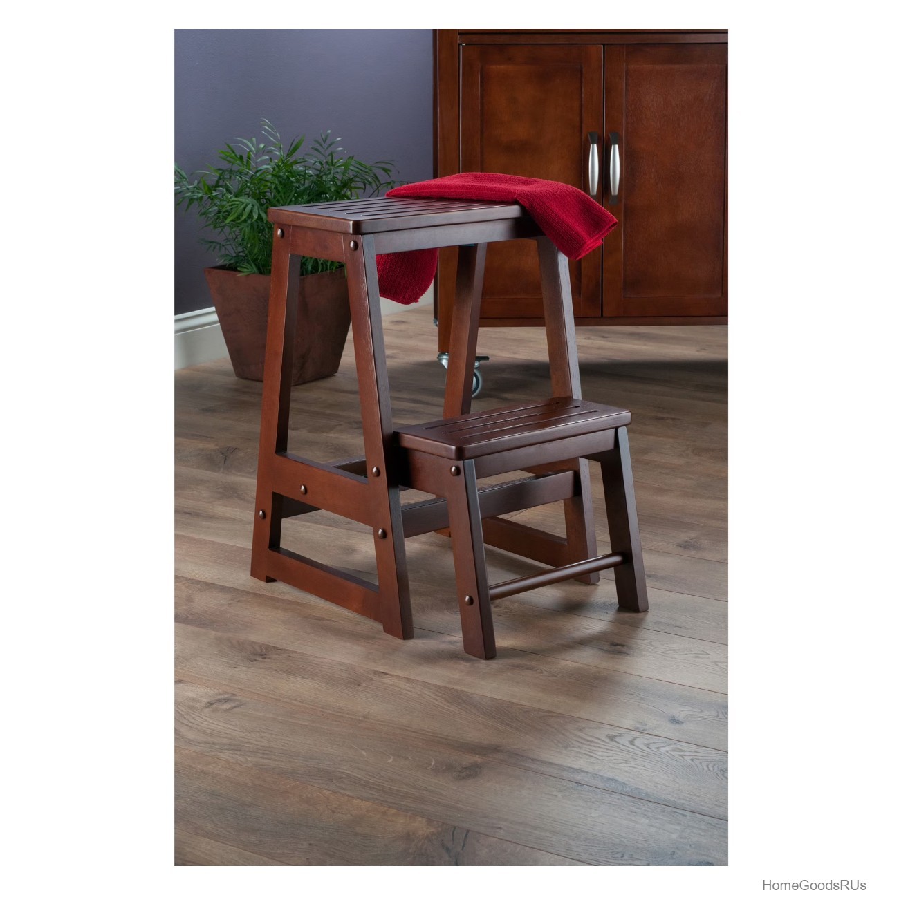 Solid Beech Wood Step Stool 2 Step Ascending Seat Walnut Finish Kitchen