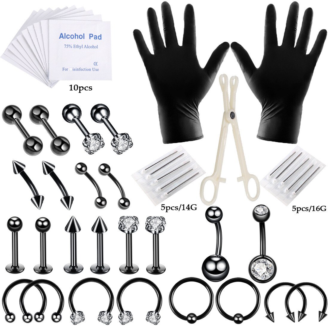 47PCS 14g 16g Professional Piercing Tool Kit Ear Nose Belly Lip Piercing Needles