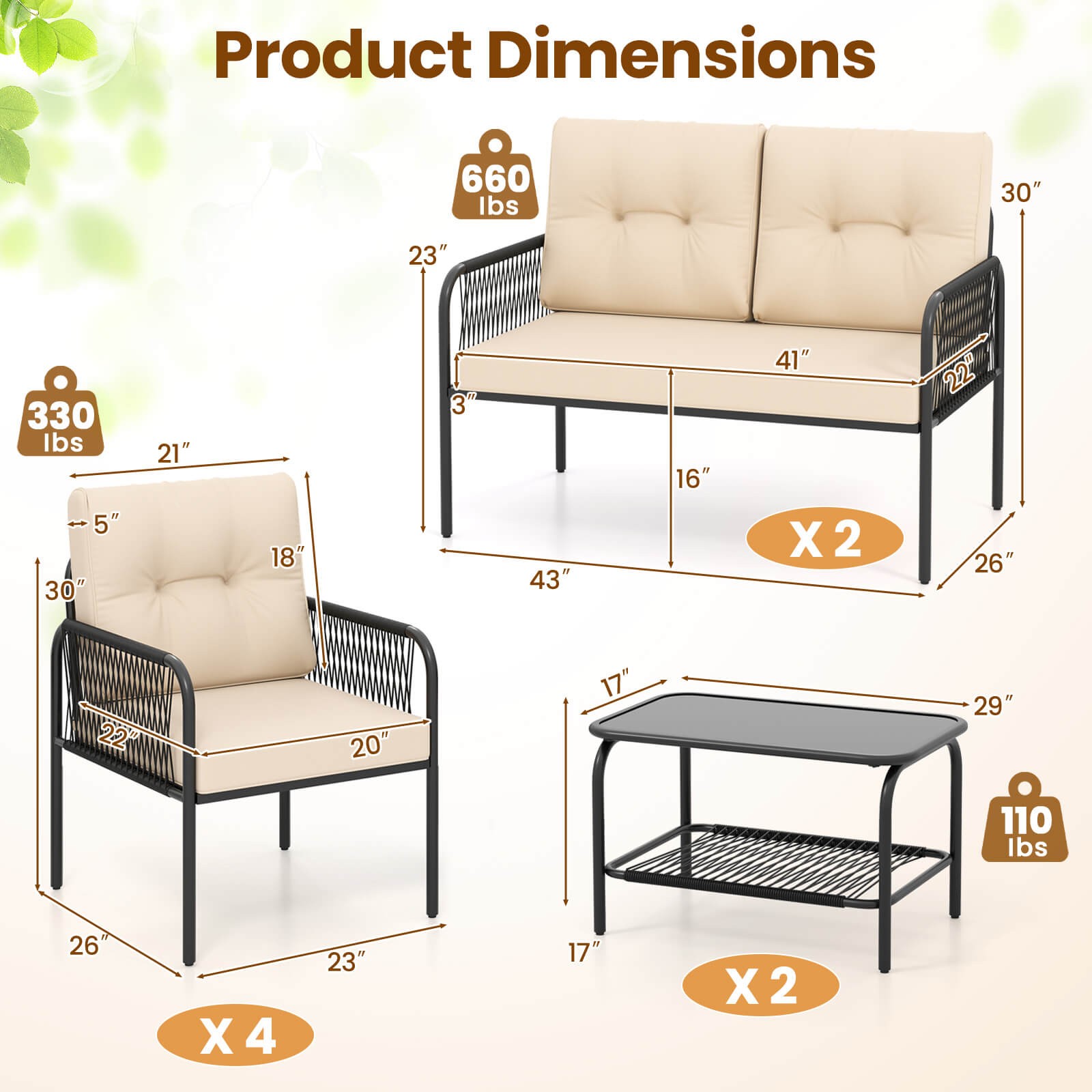 8 PCS Patio Furniture Set w/Loveseat Tempered Glass Coffee Table & Soft Cushions