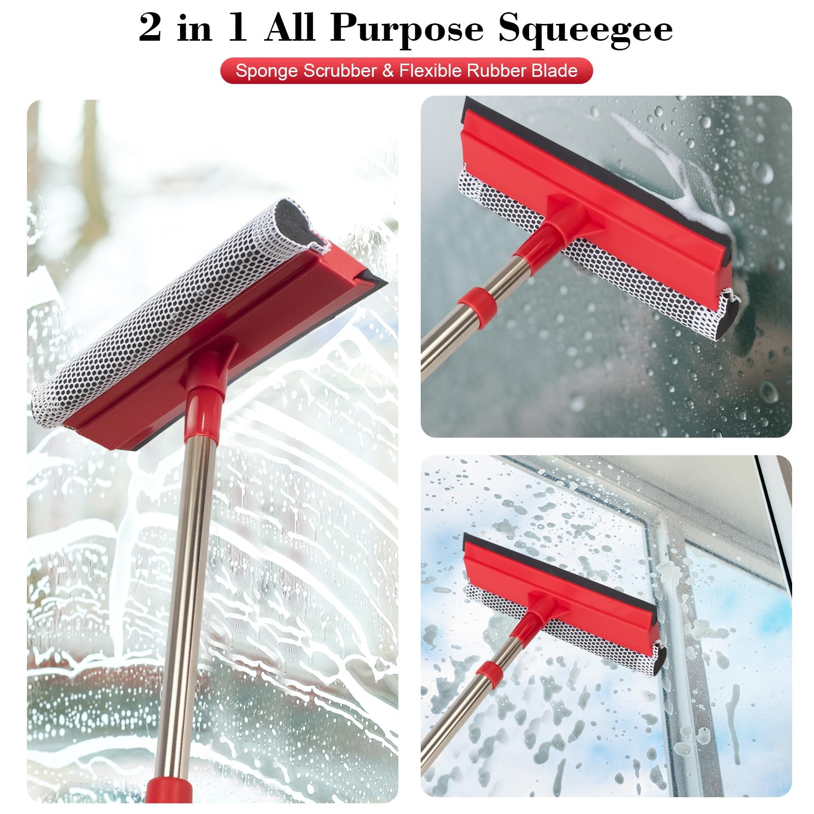 Professional Standard Window Squeegee,2-in-1 Cleaner 55 inches, Red