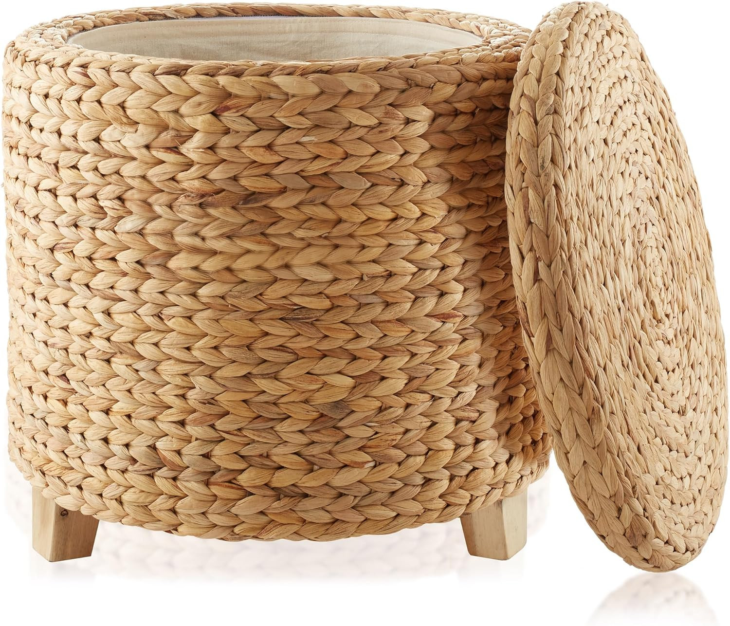 Casafield 17" round Storage Ottoman with Lid - Natural, Handwoven Water Hyacinth