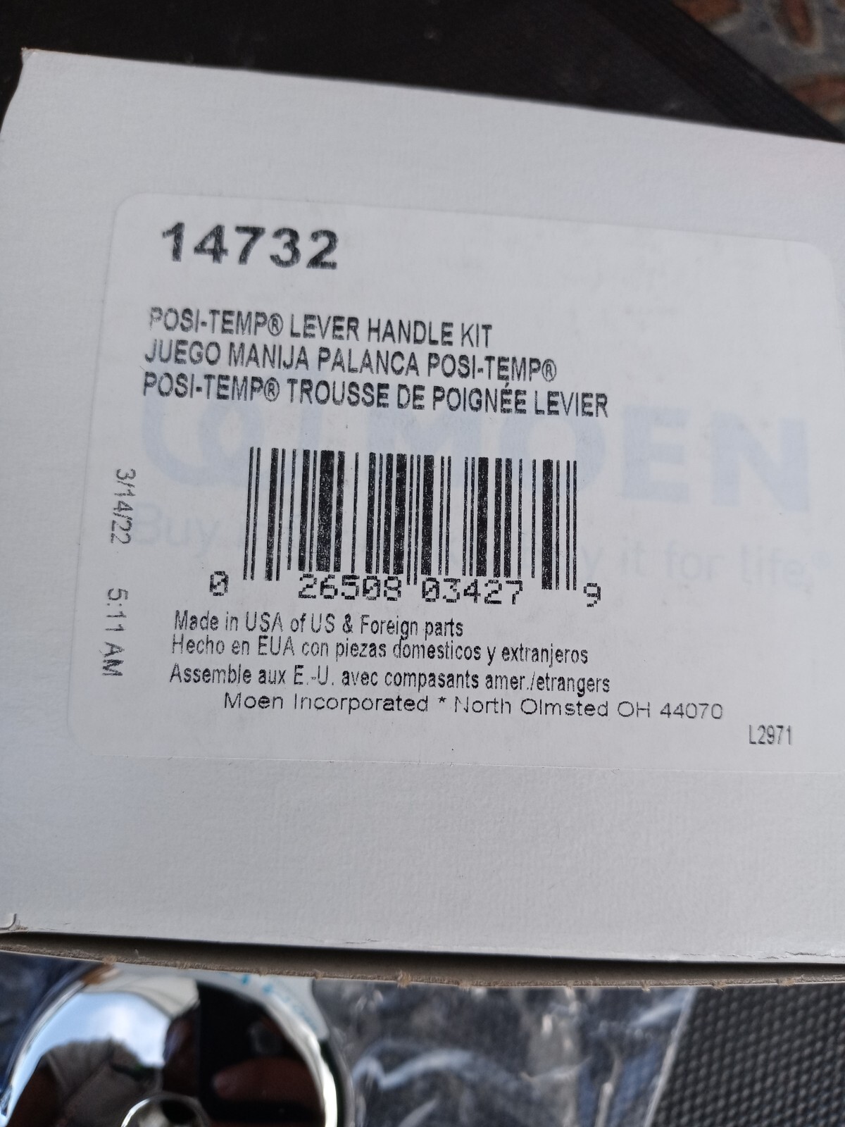 Moen 14732 Chrome Replacement Single Lever Handle Kit For Tub & Shower