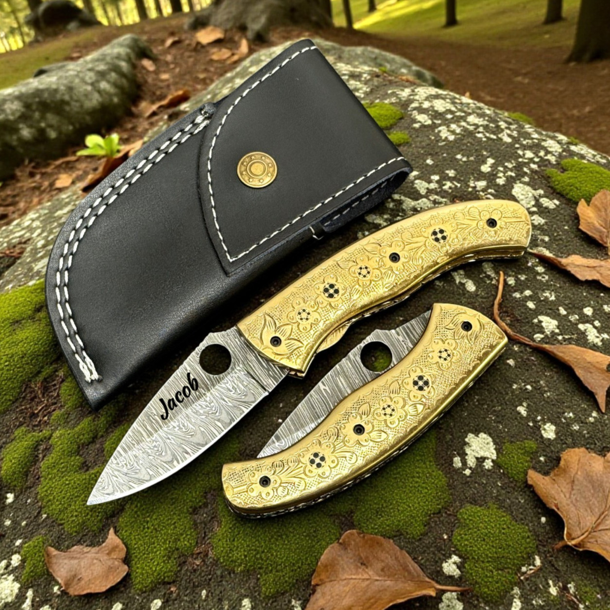 Handmade Damascus Folding Personalized Knife Brass Handle with Floral Engraving