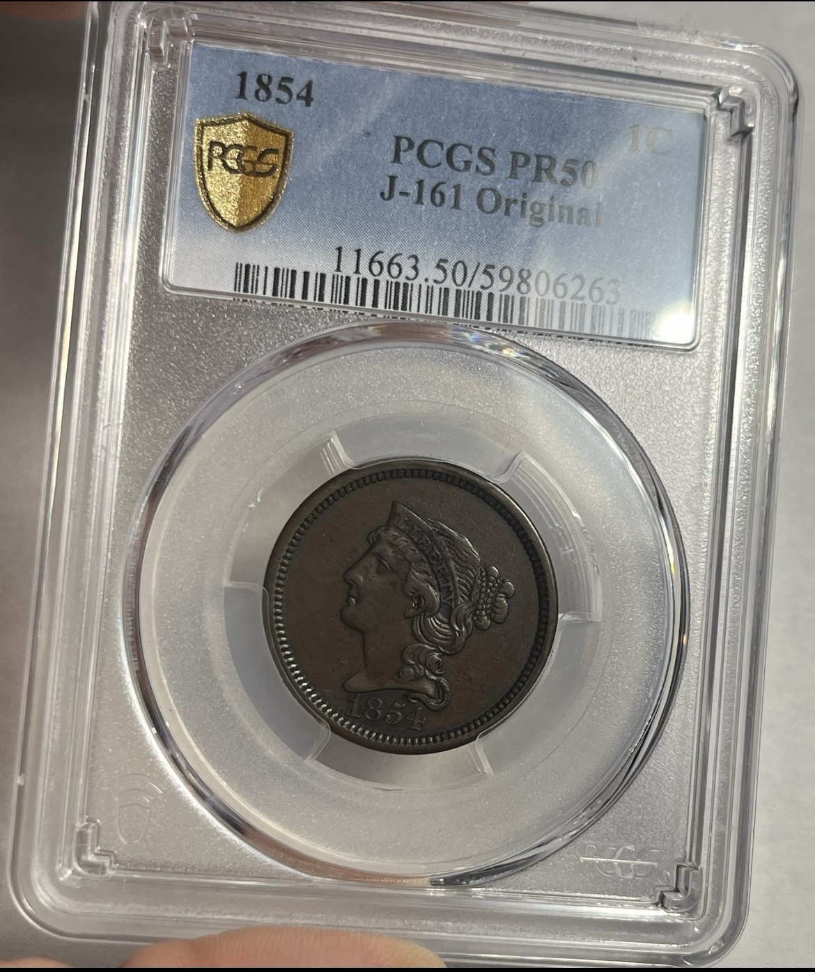 1854 PROOF PATTERN ONE CENT JUDD J-161 GRADED PCGS PR50