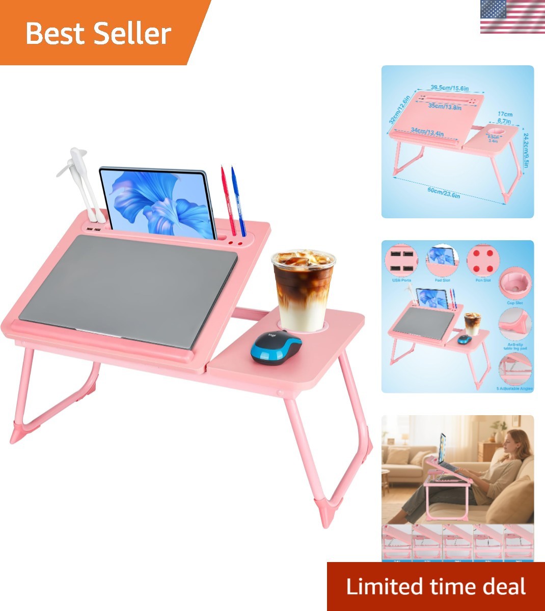 Laptop Bed Desk, Adjustable Lap Desk, Small Laptop Table with USB Charge Port...