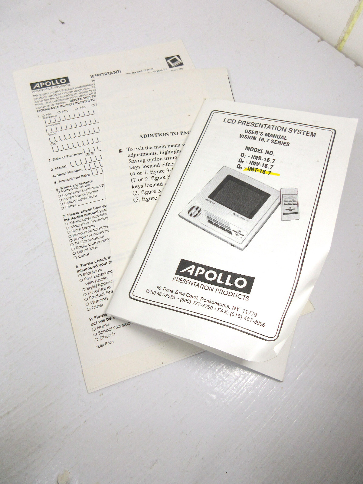 Apollo VISION Q3 Audio Visual Projector Presentation System Screen IMT-16.7 Lot