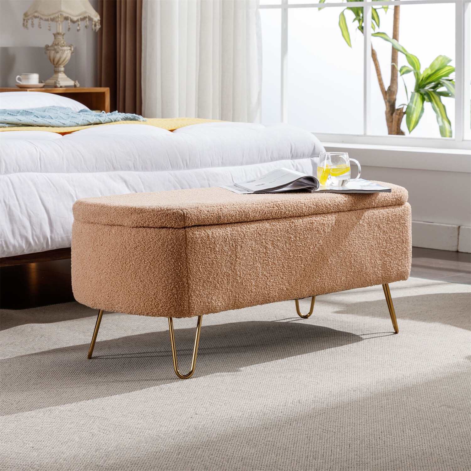 39in Storage Bench Faux Fur Upholstered Ottoman for End of Bed Footstools US