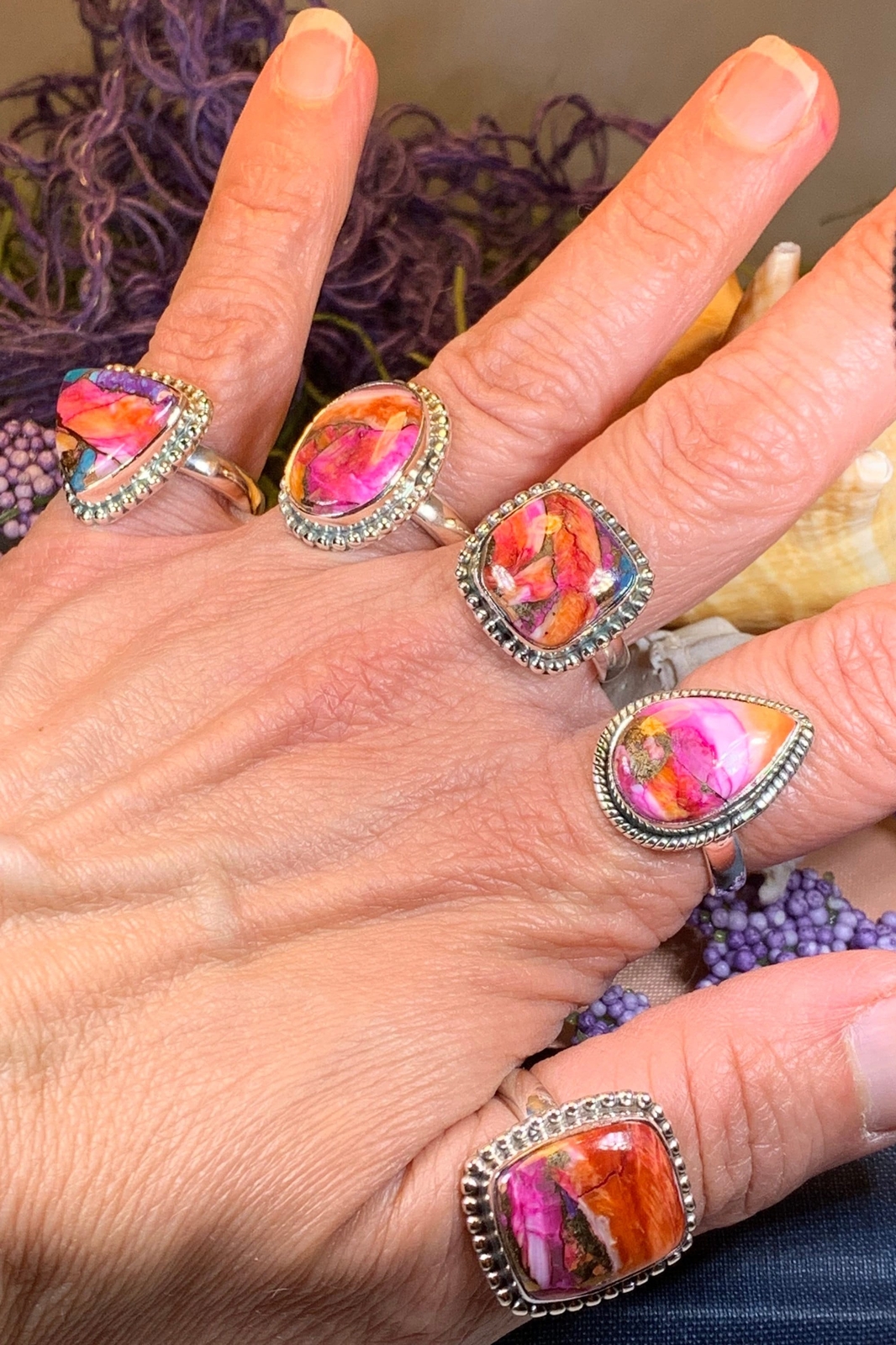 Ladies Statement Ring Boho Spiny Oyster Turquoise Large Wiccan Pagan Ring 925