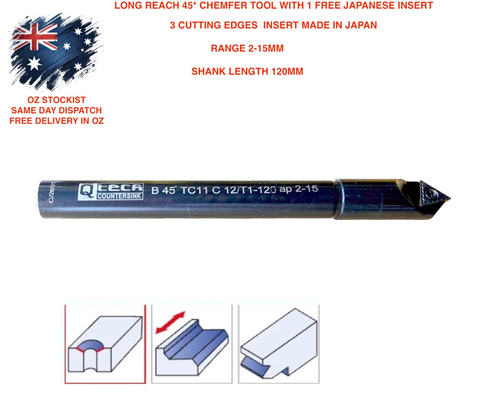 CHAMFER TOOL 90* Long Reach WITH 1 MADE IN CARBIDE INSERT 3 CUTTING EDGES 2-15MM