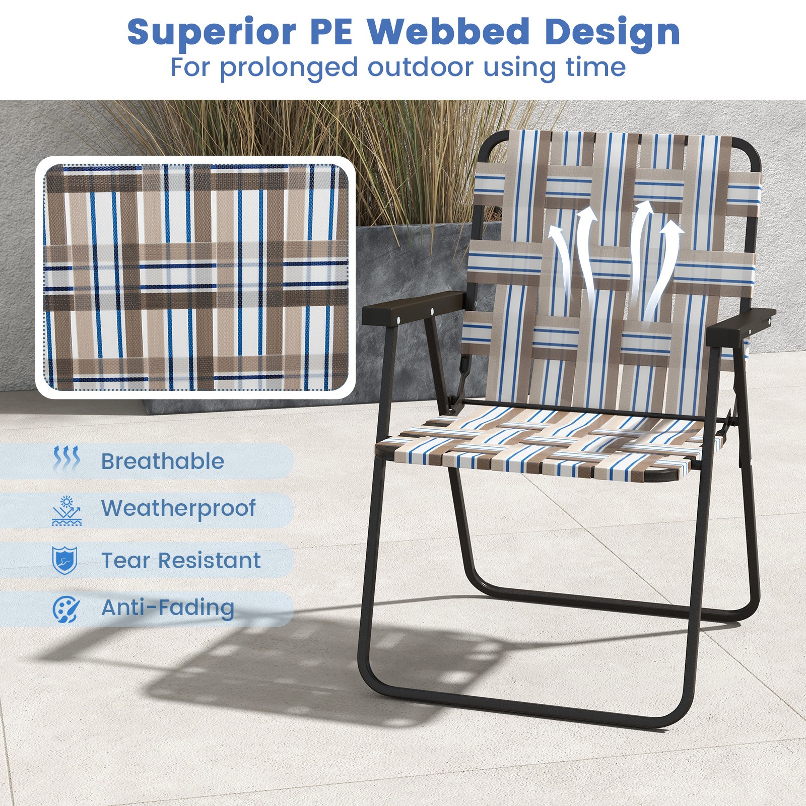 Portable Sand Chair Set of 4 w/Elegant Weaving Design U-shaped Base for Backyard