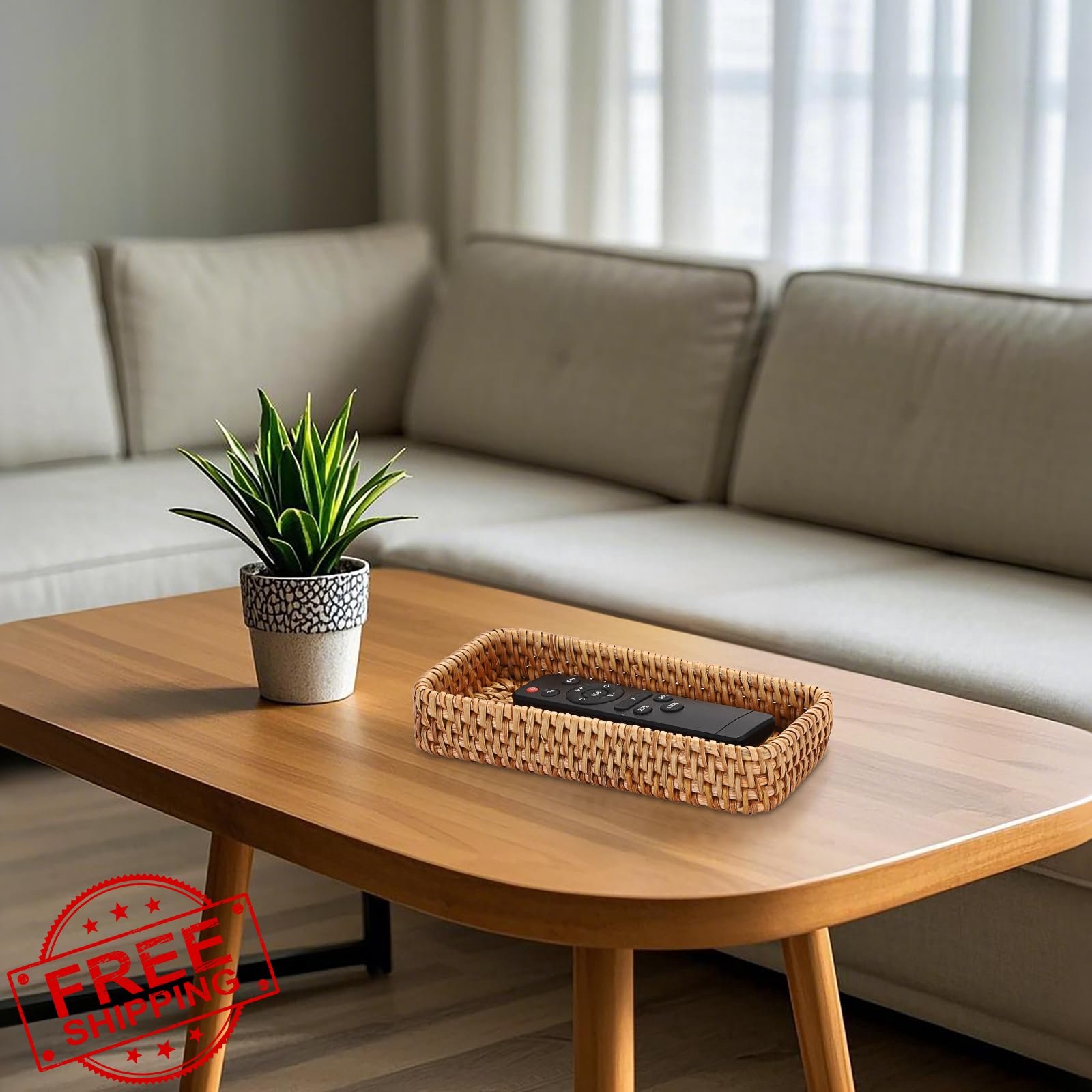 BTSKY Small Rattan Remote Basket - 8.3" x 4.7" Entryway Tray