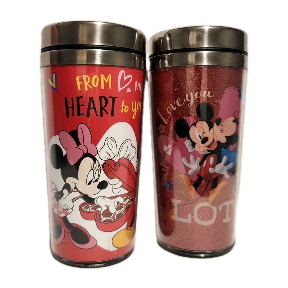 7" Disney Mickey Minnie Mouse Valentine Travel Mug Set Lot Of 2 Insulated Cups