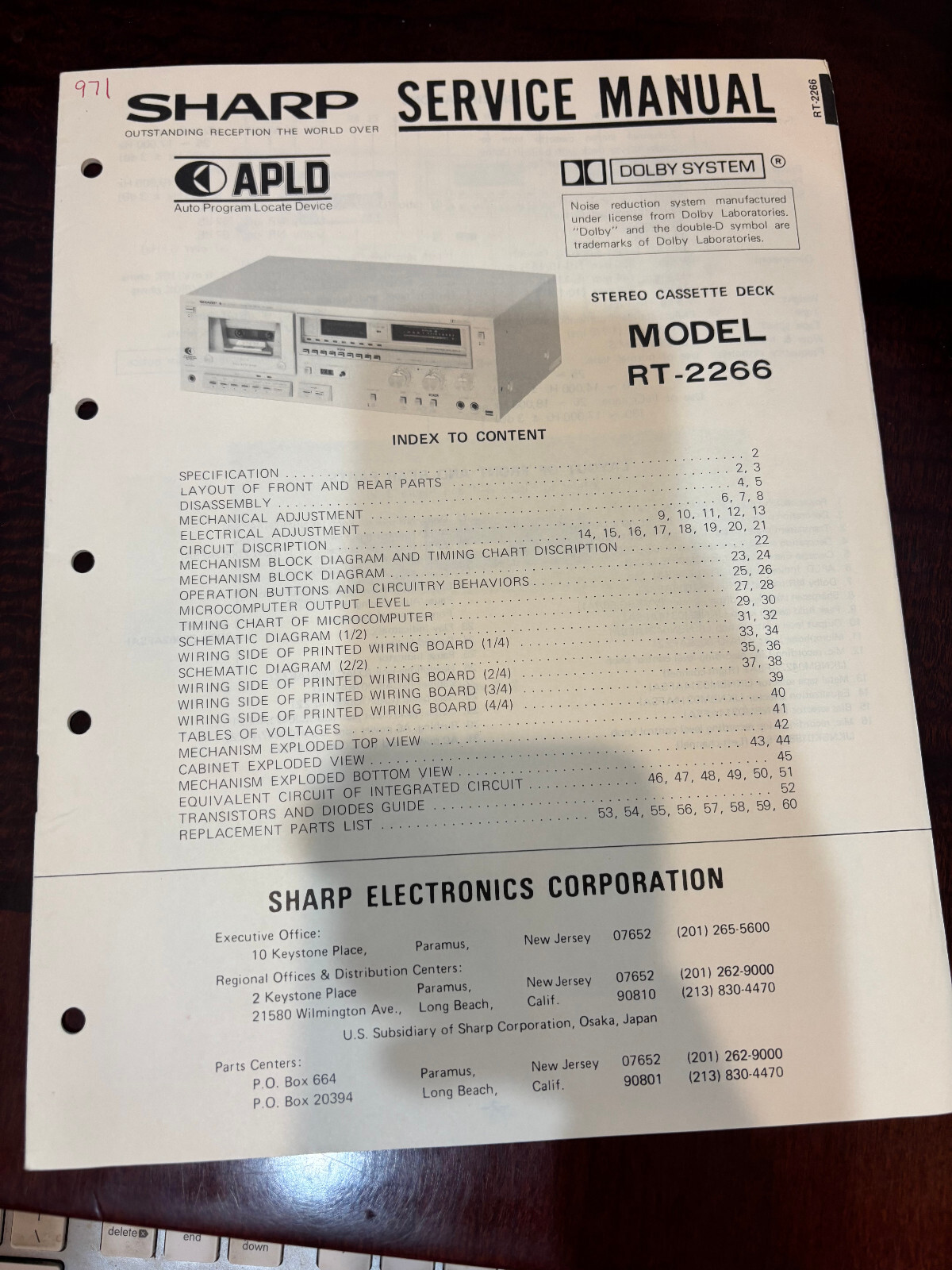 ORIG. SHARP RT-2266 RT2266 TAPE DECK Repair & Service Manual *ORIGINAL**