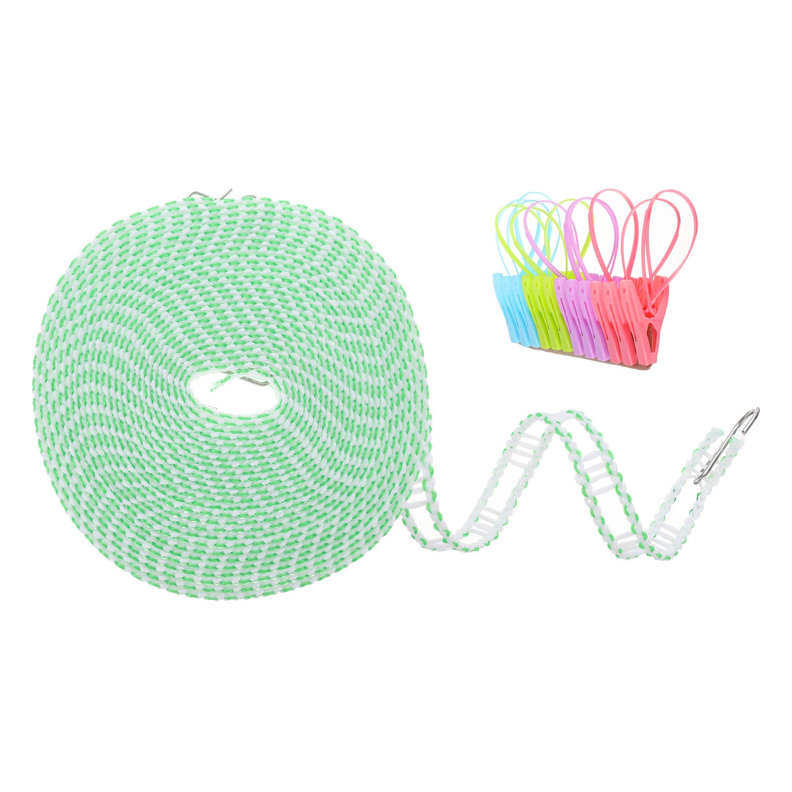 Windproof Clothesline 10M Non-Slip Clothes Drying Rope with 12 Clips Green