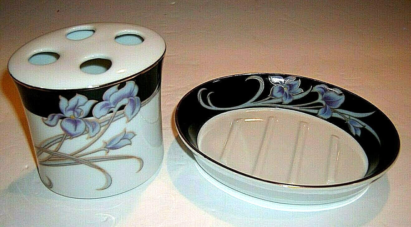 VTG MCM Sat. Knight Japan Porcelain Iris Gold Trim Soap Dish-Toothbrush Holder