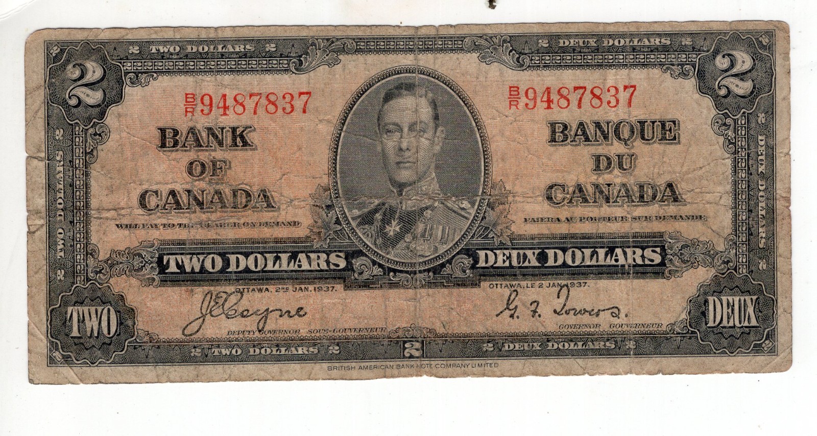 Bank of Canada 1937 $2 Two Dollars Coyne-Towers B/R Prefix VG+