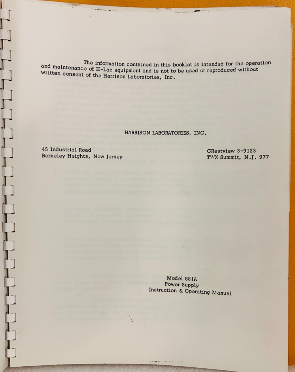 HP Model 881A Regulated Power Supply Operating & Service Manual.