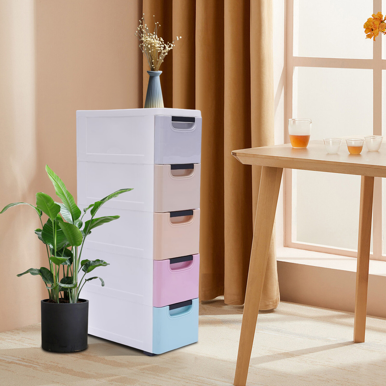 Stackable Vertical Storage Cabinet Clothes Storage Box w/5 Drawers PP Plastic