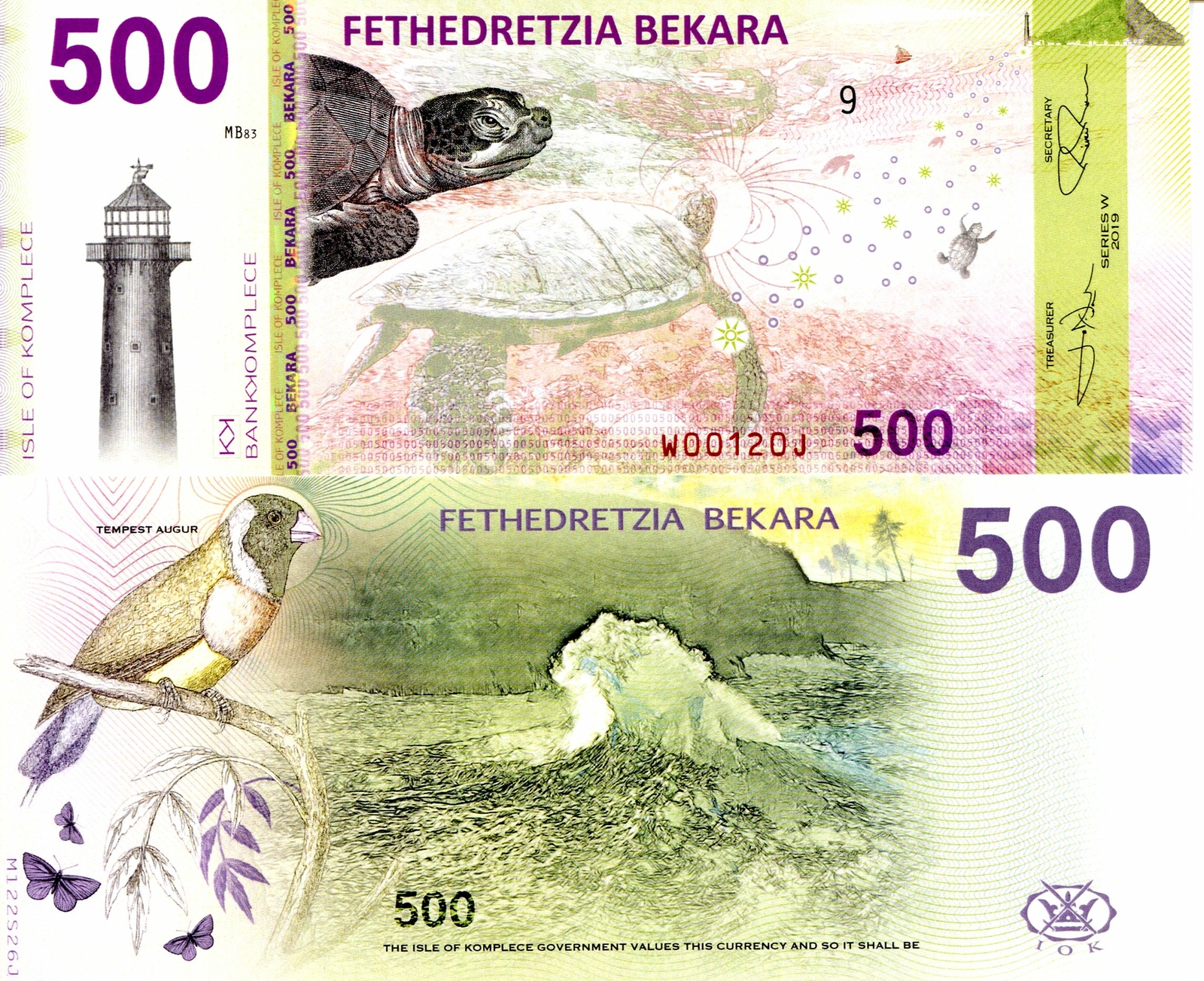 ISLE OF KOMPLECE 500 BEKARA POLYMER FANTASY ART NOTE MUJAND SEA CREATURES BIRD!