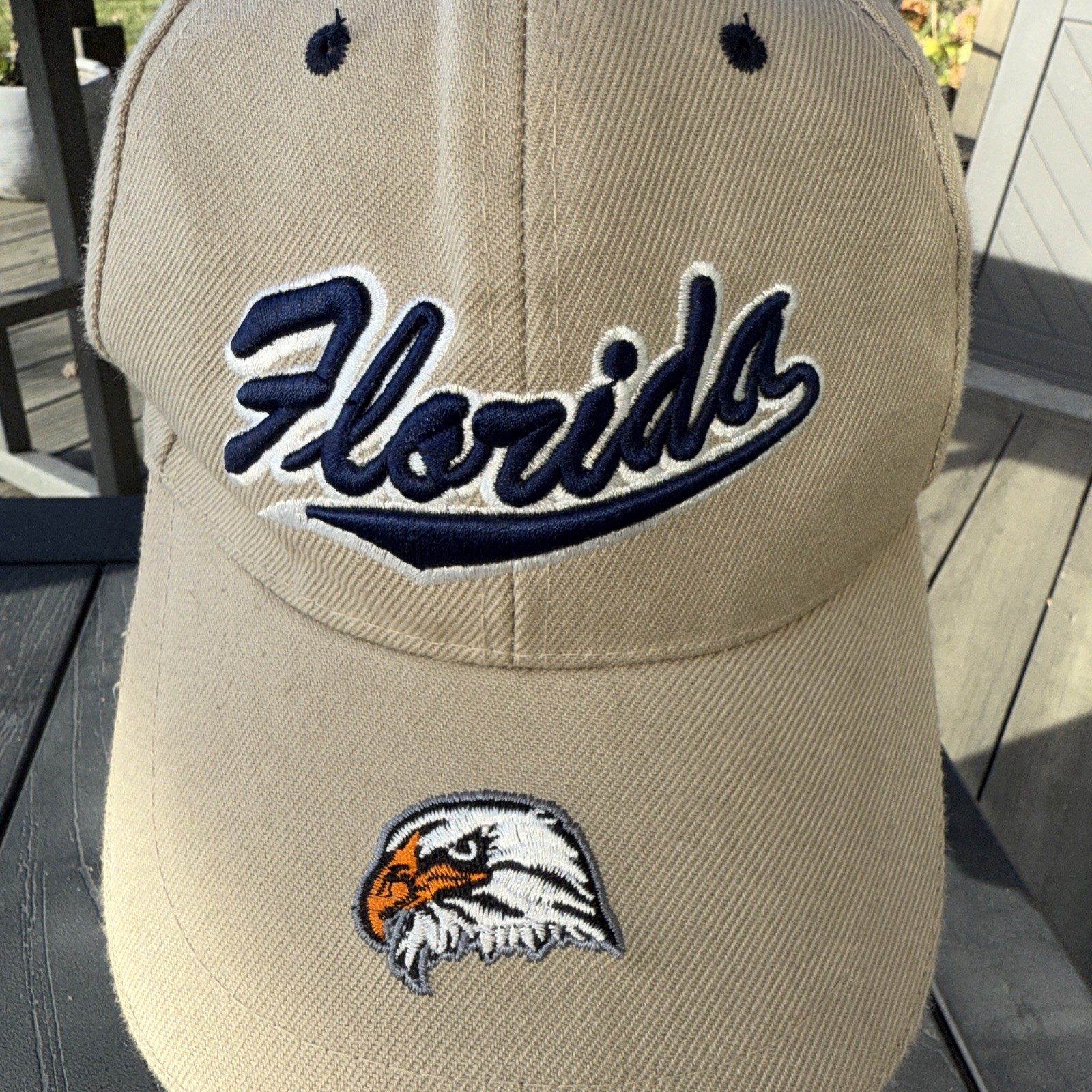 Florida Script navy And White on Tan Hat Cap W Eagle Hook Loop Acrylic EUC