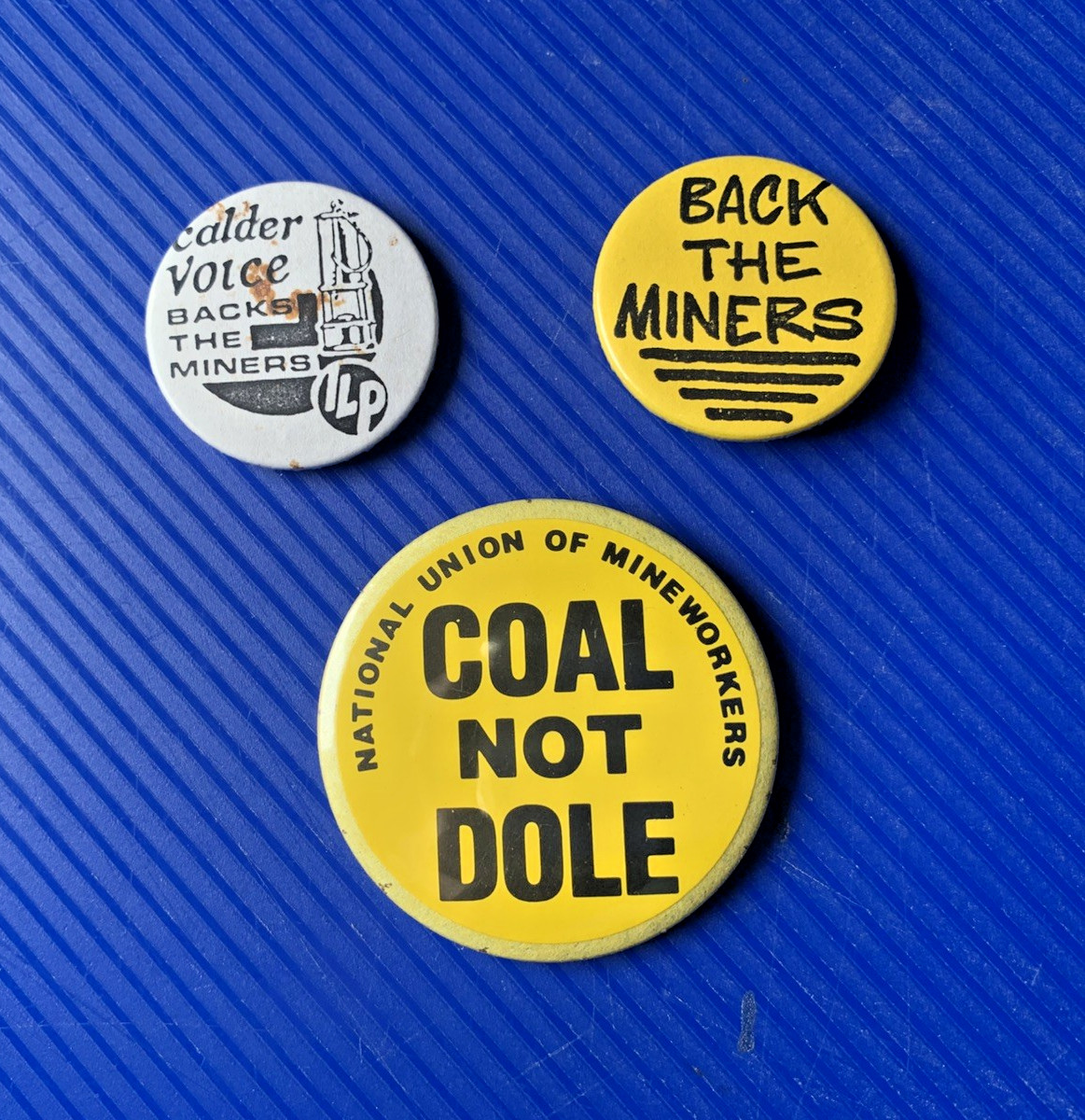 THREE MINER's POLITICAL BADGES - "FREE UK DELIVERY"