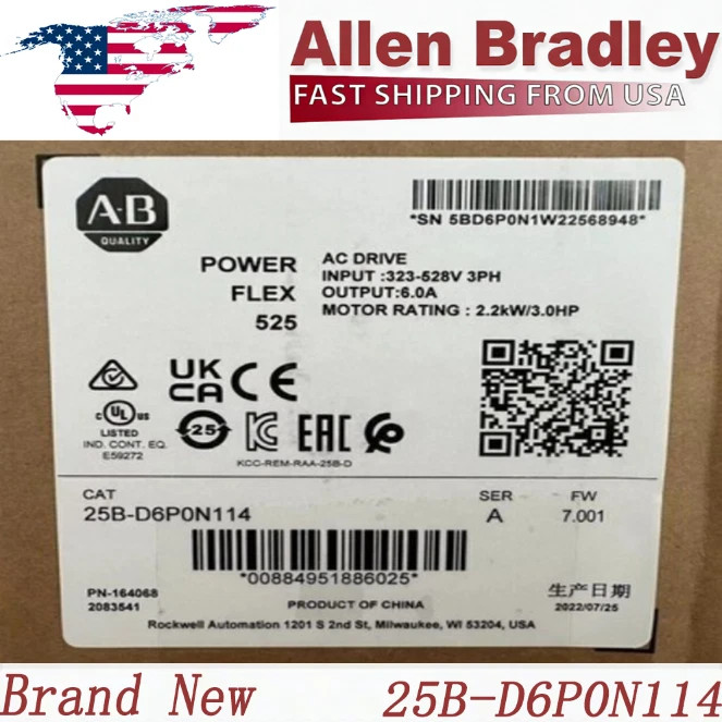 New Sealed 25B-D6P0N114 PowerFlex 525 AC Drive Allen Bradley Fast Ship