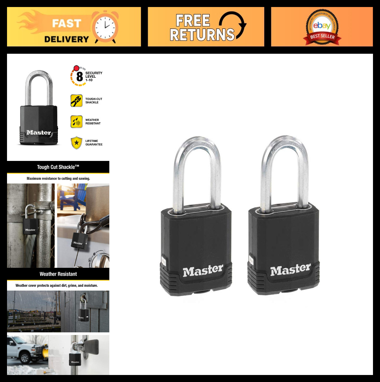 Heavy Duty Outdoor Padlock 2 Pack - Weather Resistant, Cut Safe Shackle for Fenc