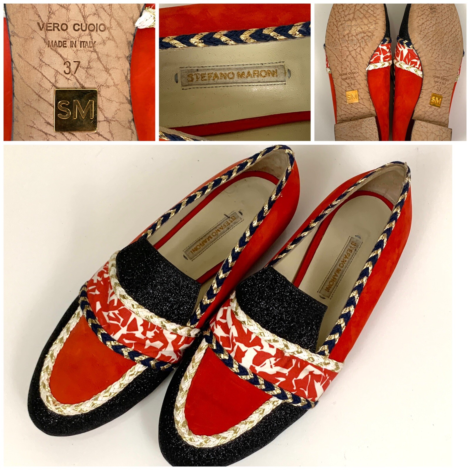 STEFANO MARONI WOMENS ROYAL BLACK RED LEATHER FLAT SHOES SZ 37 ITALY 6 USA VGC