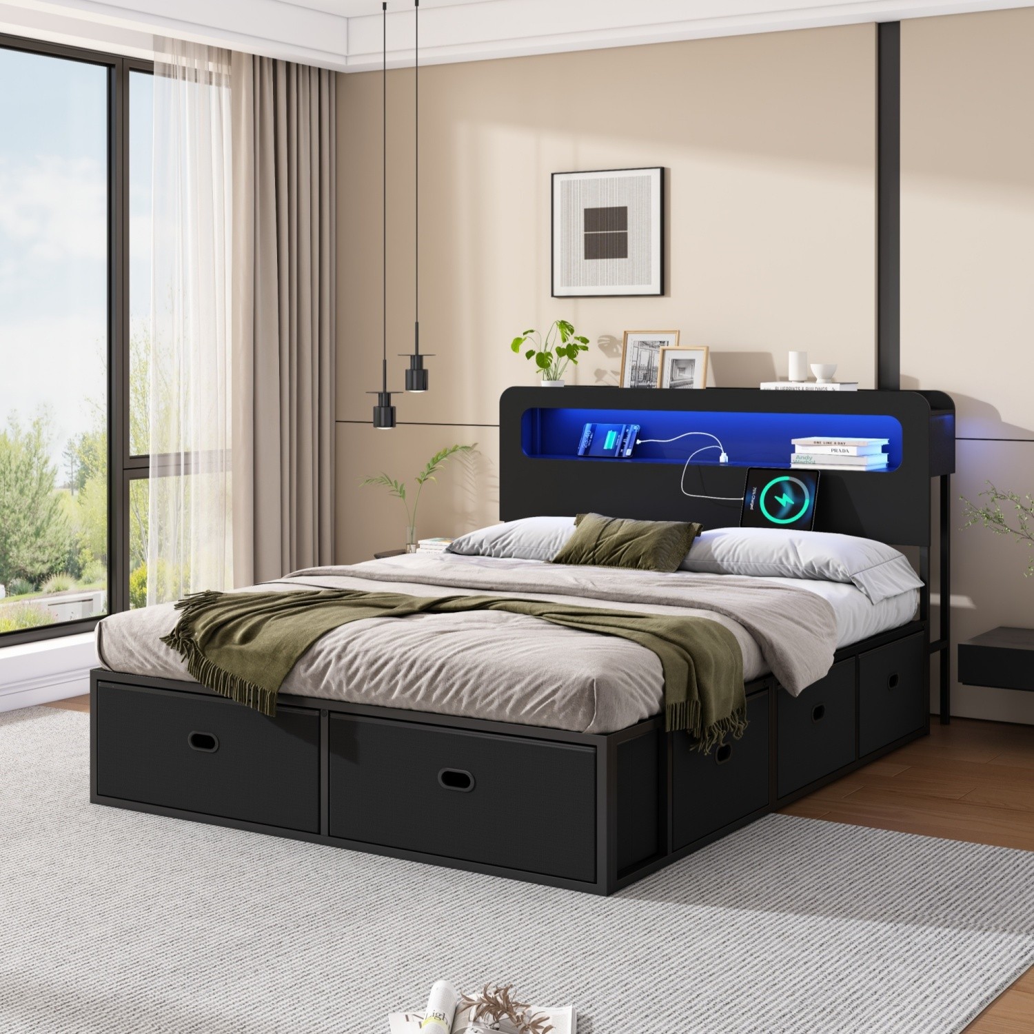 Queen Bed Frame w/ 8 Drawers LED Headboard & USB Port No Box Spring Needed Black