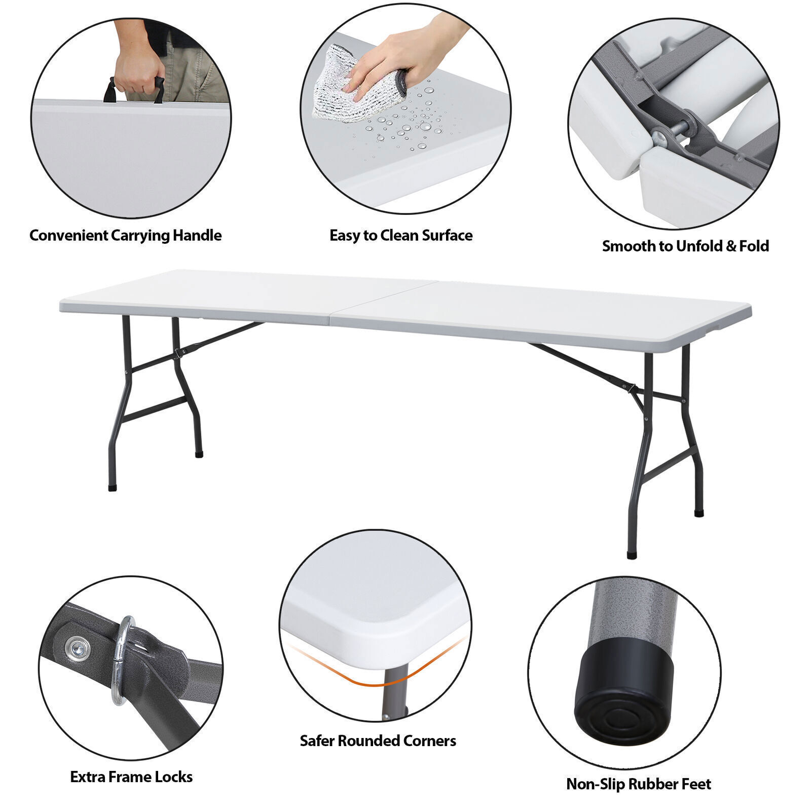 2PCS 8FT Folable Camping Table w/Handle Lock Dining Table Picnic Camping Table