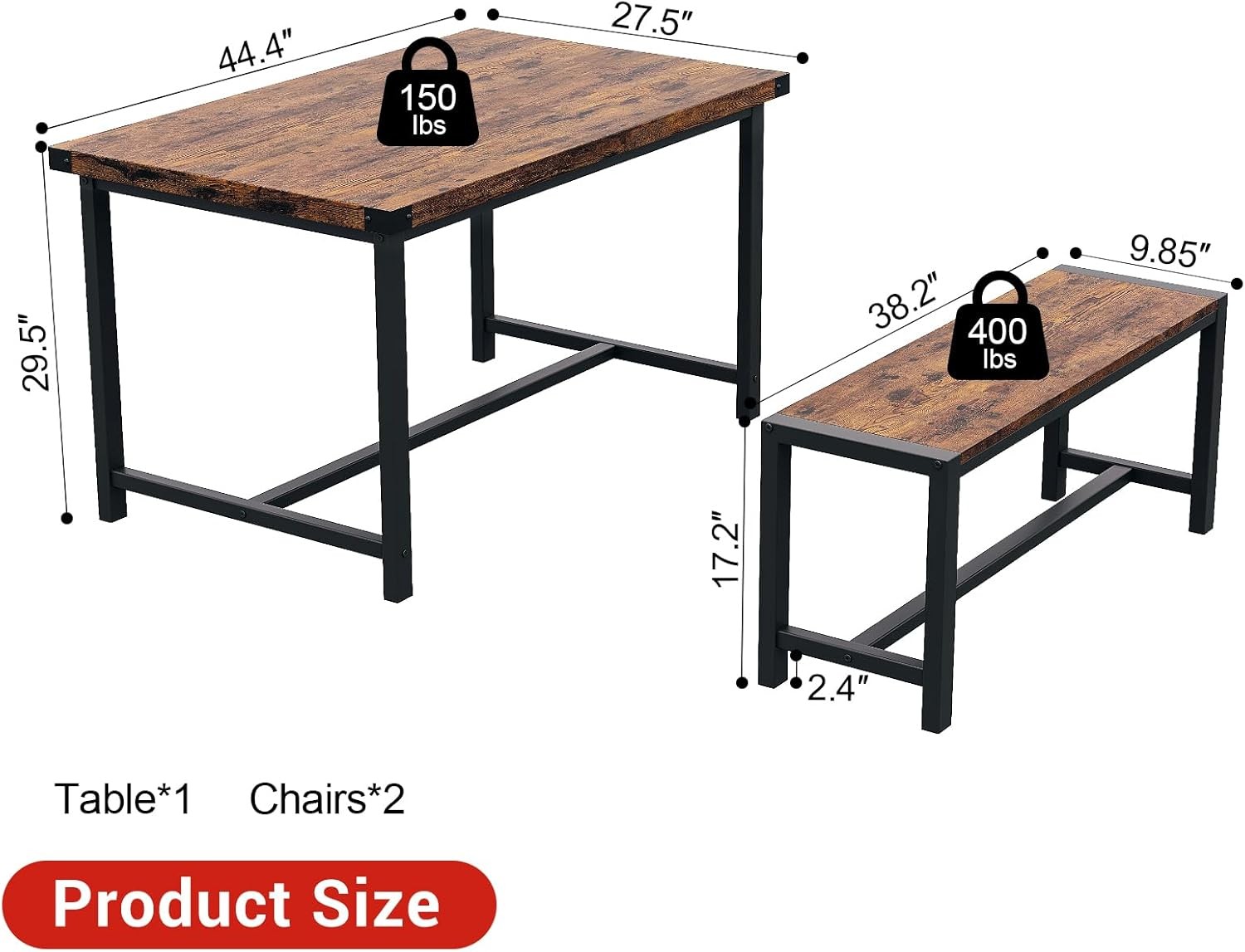 Dining Table with 2 Benches Industrial, 3 Piece Set for Small Kitchen Apartment
