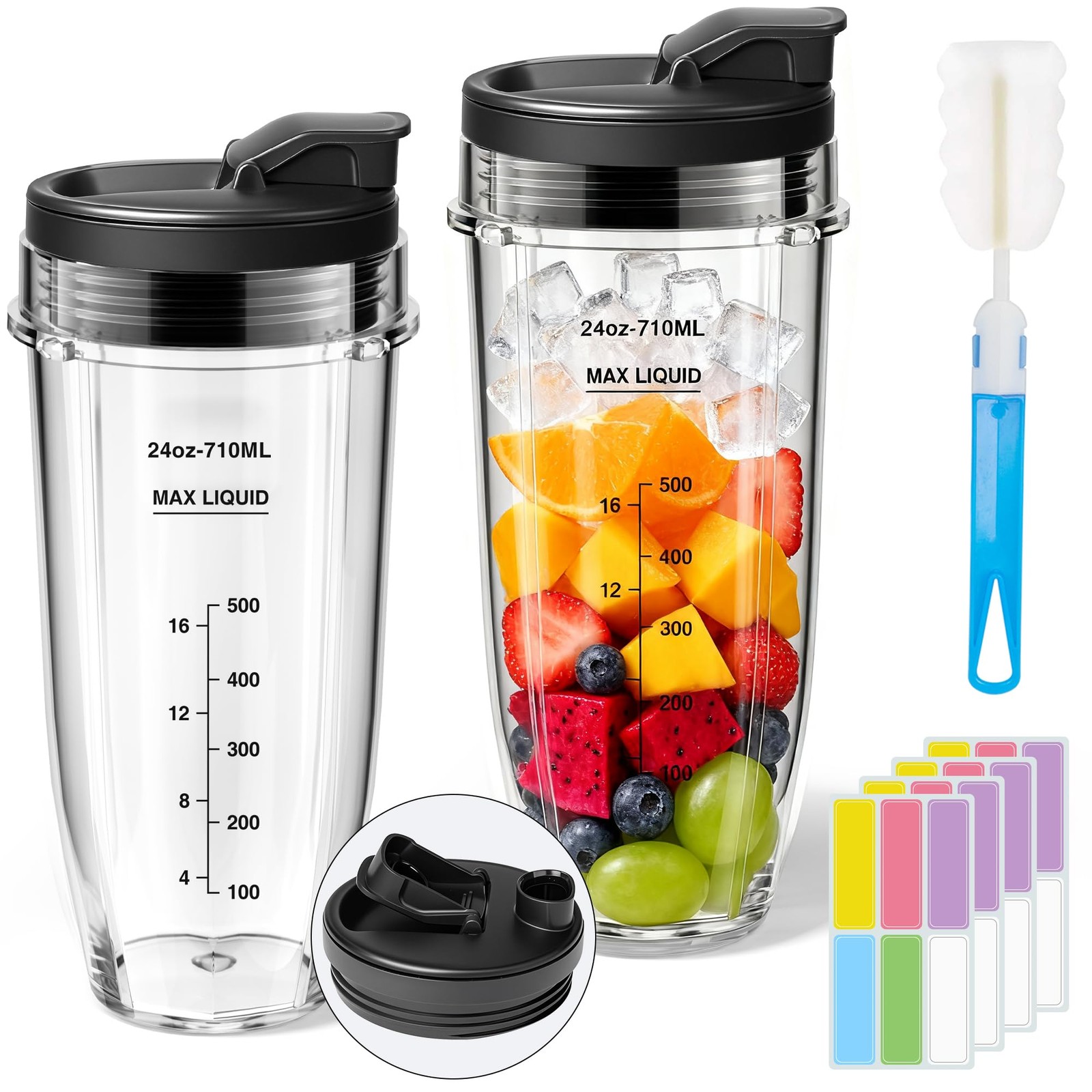 Replacement 24oz Blender Cups for Ninja 2-Pack, Leakproof Lids, Waterproof Wr...