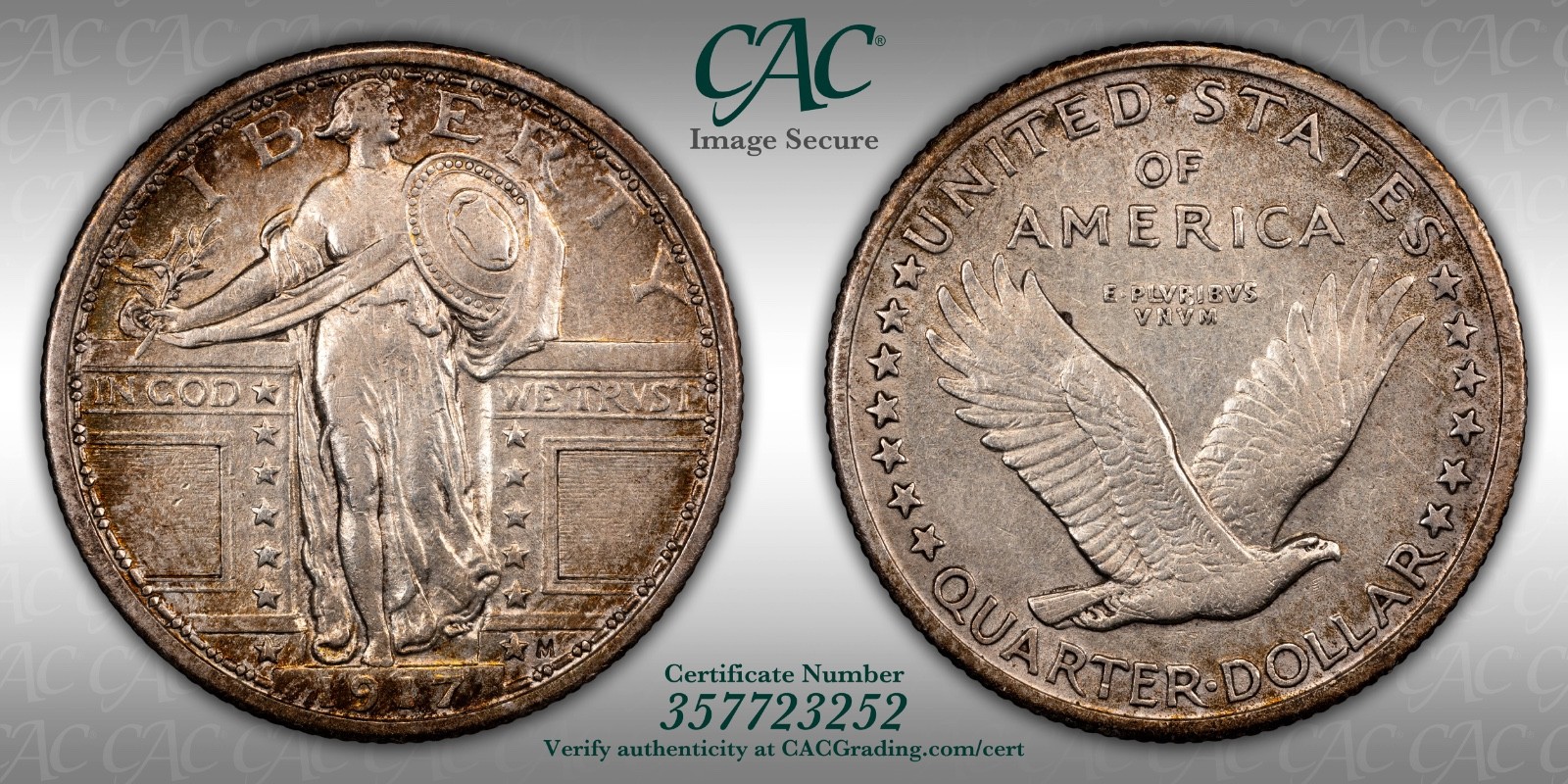 1917 P Type 1 Standing Liberty Quarter T1 25c Beautiful Rim Tone CACG AU Details