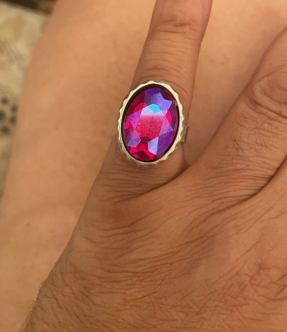 Retro Hammered Silver  W/ Oval Fuchsia Crystal Ring - adjustable band - Size 6